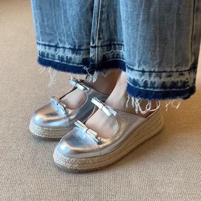 Soft Leather Version~ Thick-soled Straw Woven Bag Head Bow Sandals Women's Round Head Shallow Mouth Word with Muffin Low Half-drag Sandals