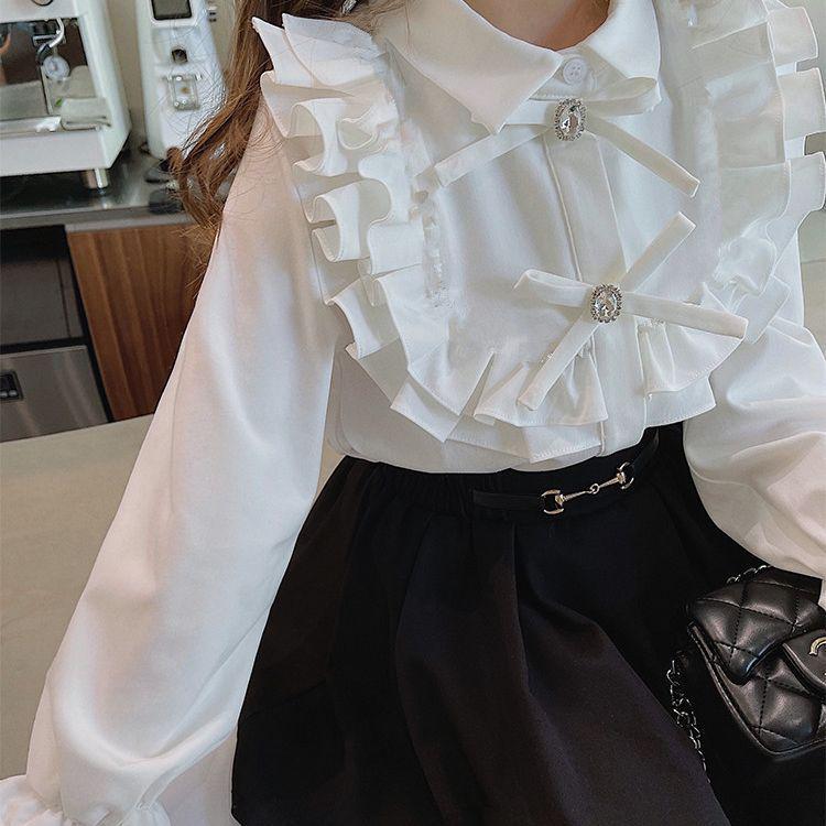 2024 Spring Girls' Ruffled French Princess Long Sleeve Flare Cuff Shirt