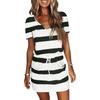 Women Summer Dresses Casual V-Neck Short Sleeve Bandage Stripe Printing Loose Dress