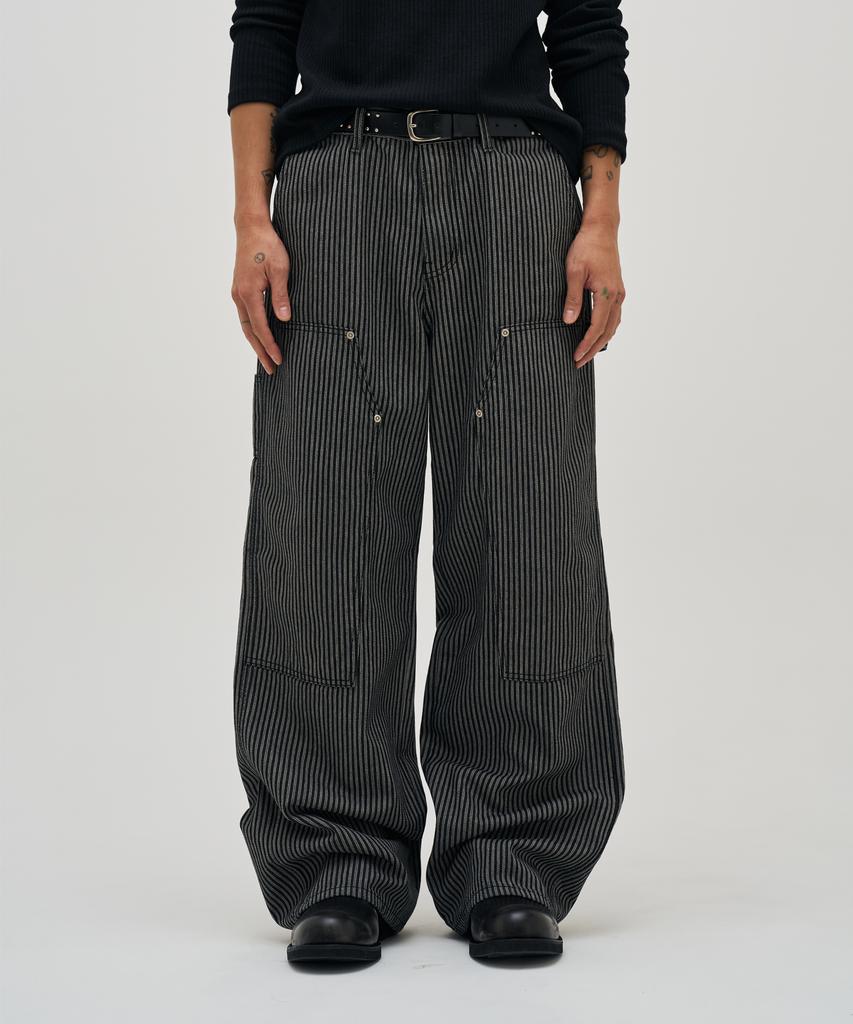 BASEMOMENT Double Knee Carpenter Stripe Denim Pants Black