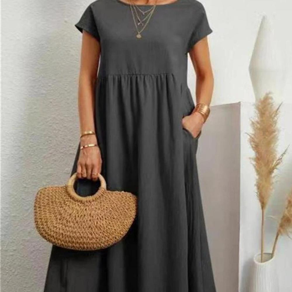 Women Elegant Solid Maxi Dress Summer Short Sleeve O Neck Vintage Harajuku Cotton Linen Loose Sundress Y2K Pockets Long Dress