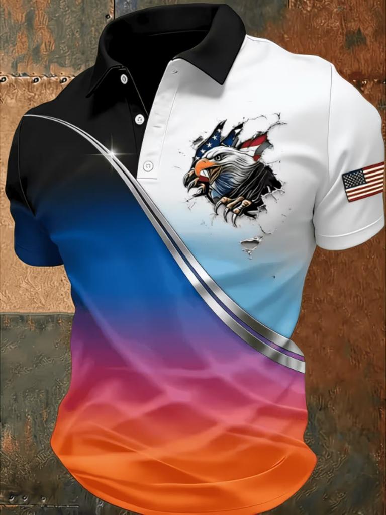 Patriotic Eagle Flag Print Short Sleeve Polo Shirt, Casual Men's Top