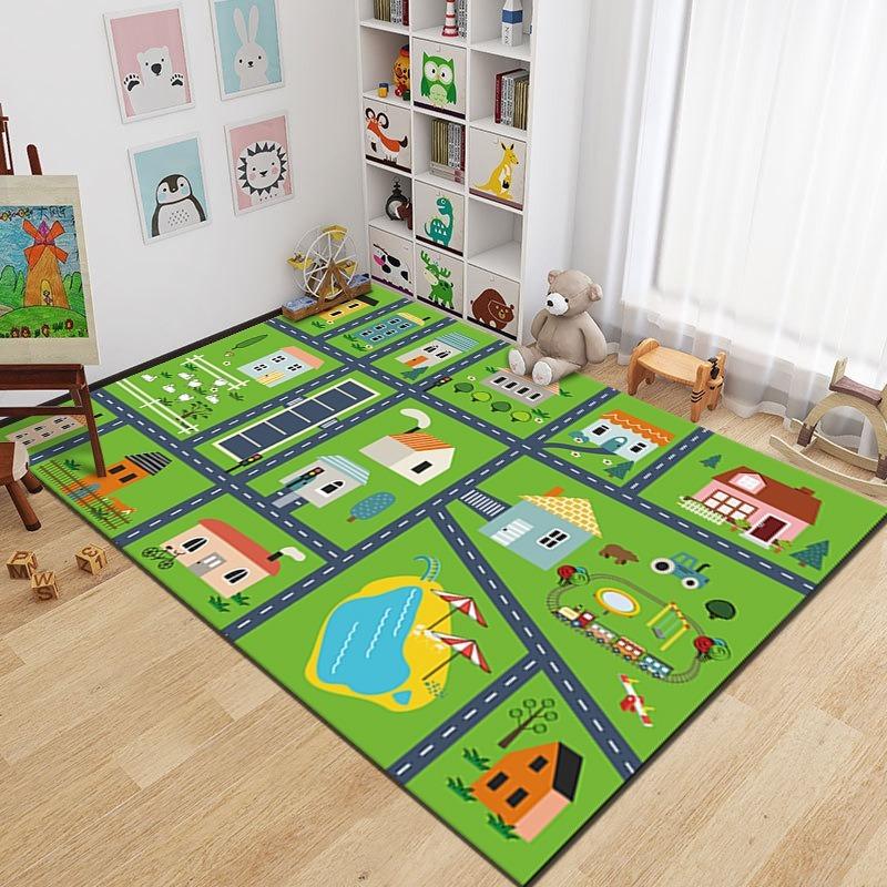 Kids City Road Play Rug Cartoon Train Car Print Non-Slip Play Area Rug Fun Educational Traffic Themed Floor Mat for Kids Bedroom