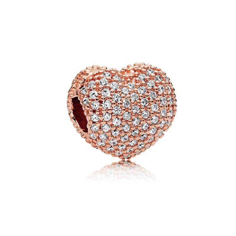 Plated Rose Gold Sparkling Pink Air Balloon & Levelled Heart Charm Bead Fit Original Sier Bracelet DIY Jewelry