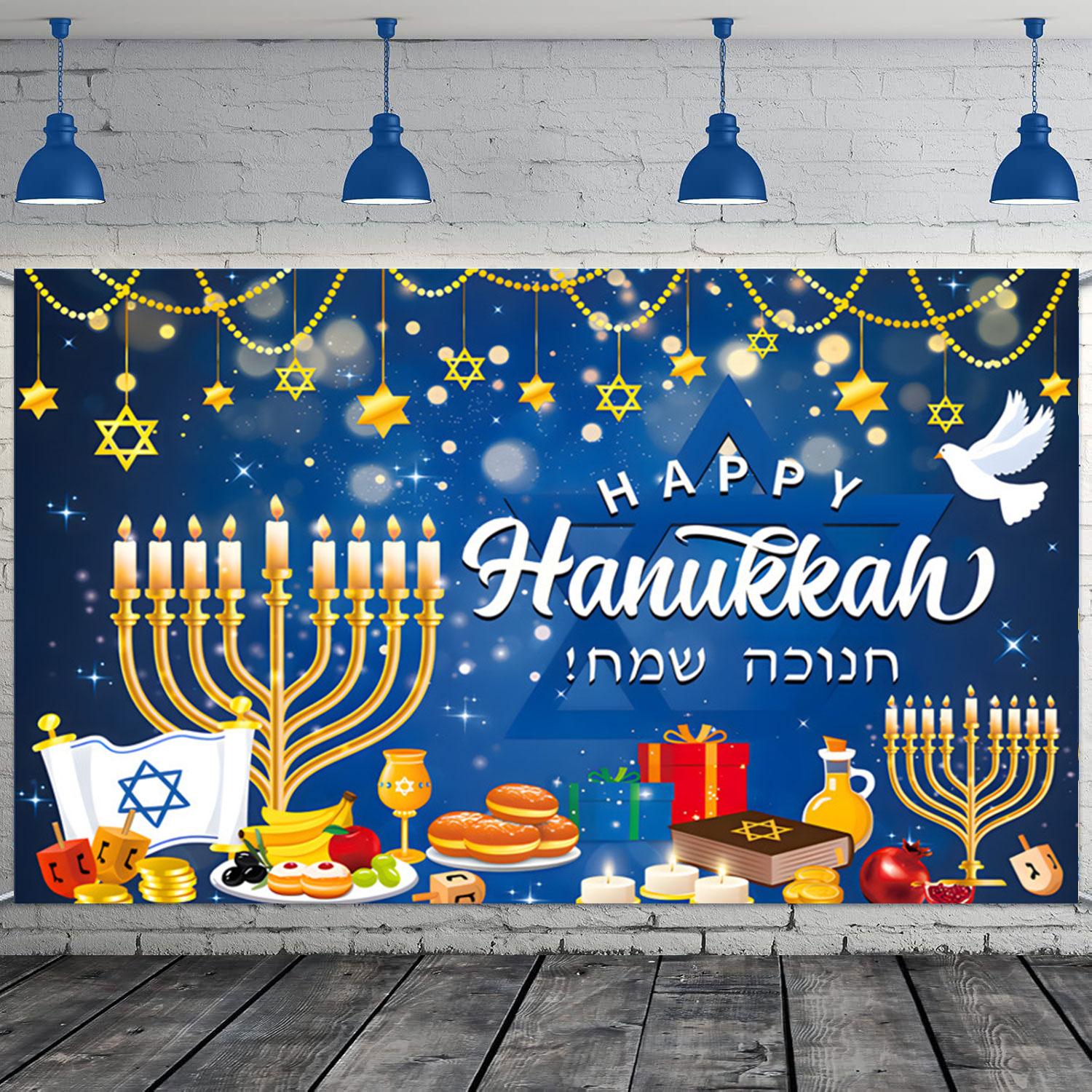 

Judaism Happy Hanukkah Backdrop Jewish Jesus Passover Candlestick Party Candles Bread Decor Photography Background Photo Studio 120X90CM