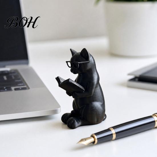 Desktop Cat Decoration 3D Printed Reading Figurine, Decorative Ornament with Weighted Anti-Slip Base, Unique Gift Idea Intellectual Statue Eye Glasses