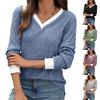 Womens Color Block V Neck Loose Long Sleeve Brushed Casual T Shirt Top