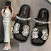Temperament Rhinestone Bow with Slippers 2025 New Summer Flat Bottom Low Heel Women's Beautiful Outer Sandals