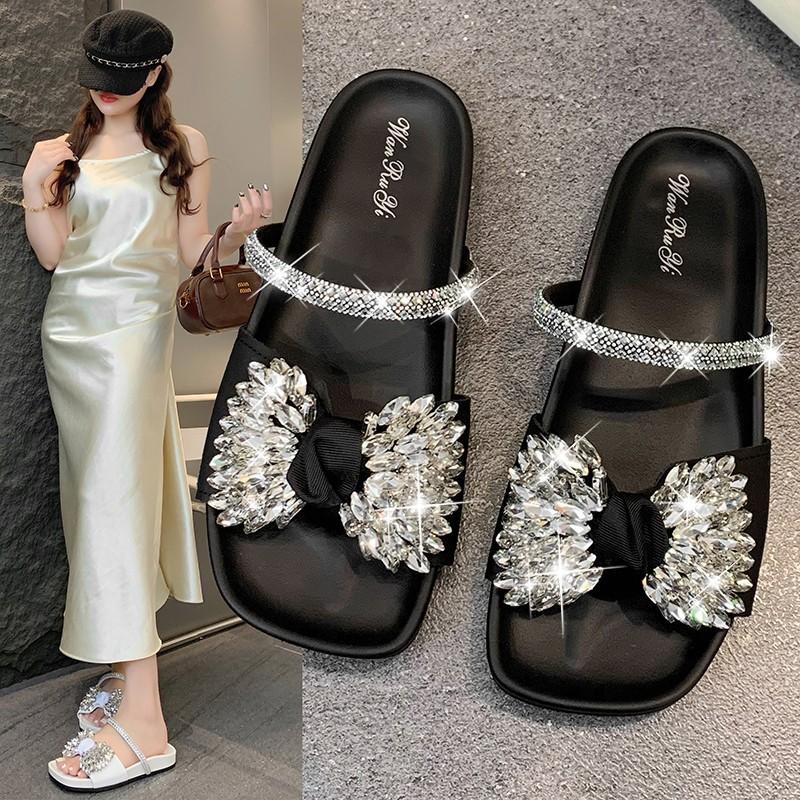 Temperament Rhinestone Bow with Slippers 2025 New Summer Flat Bottom Low Heel Women's Beautiful Outer Sandals