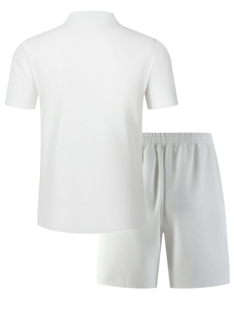 Conjunto Casual Deportivo de Dos Piezas para Hombre: Camiseta de Manga Corta con Cuello en V de Color Sólido y Pantalones Cortos