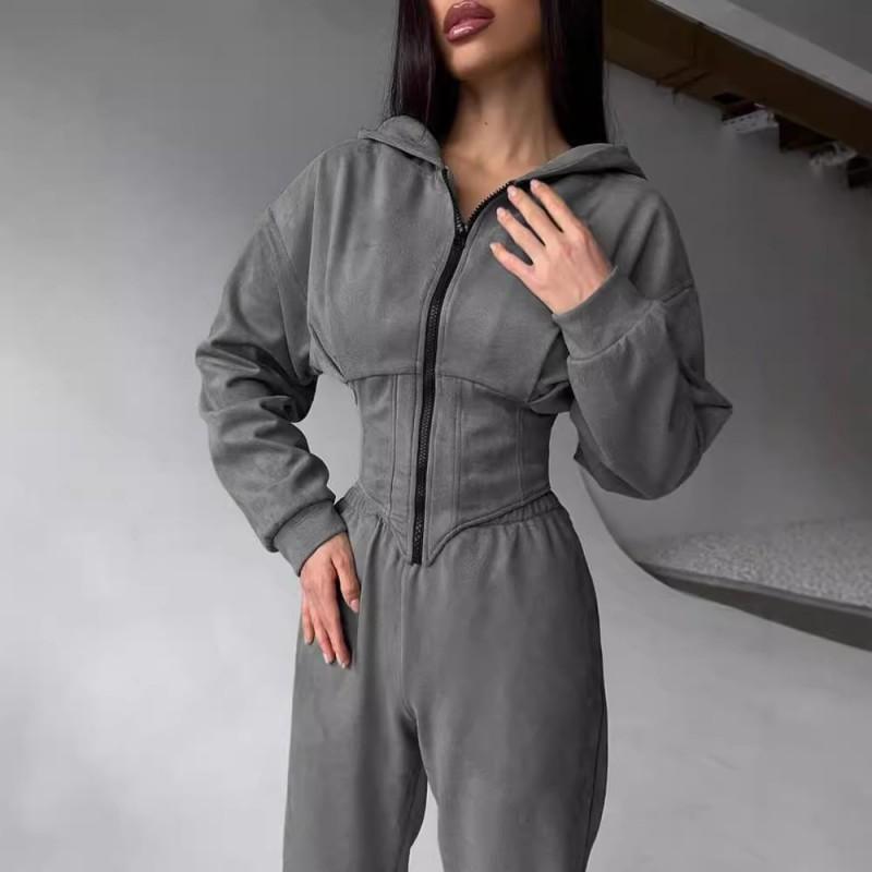 Damen Unifarbene Kapuzen Crop Top Weite Hosen Set Lässiges Streetwear Outfit Winter 2025