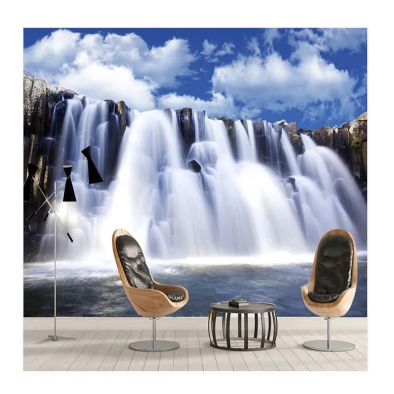 3d Mural Flowing Waterfall Wallpaper Blue Sky And White Clouds Fresh Nature Wallpaper For Living Room Home Decor