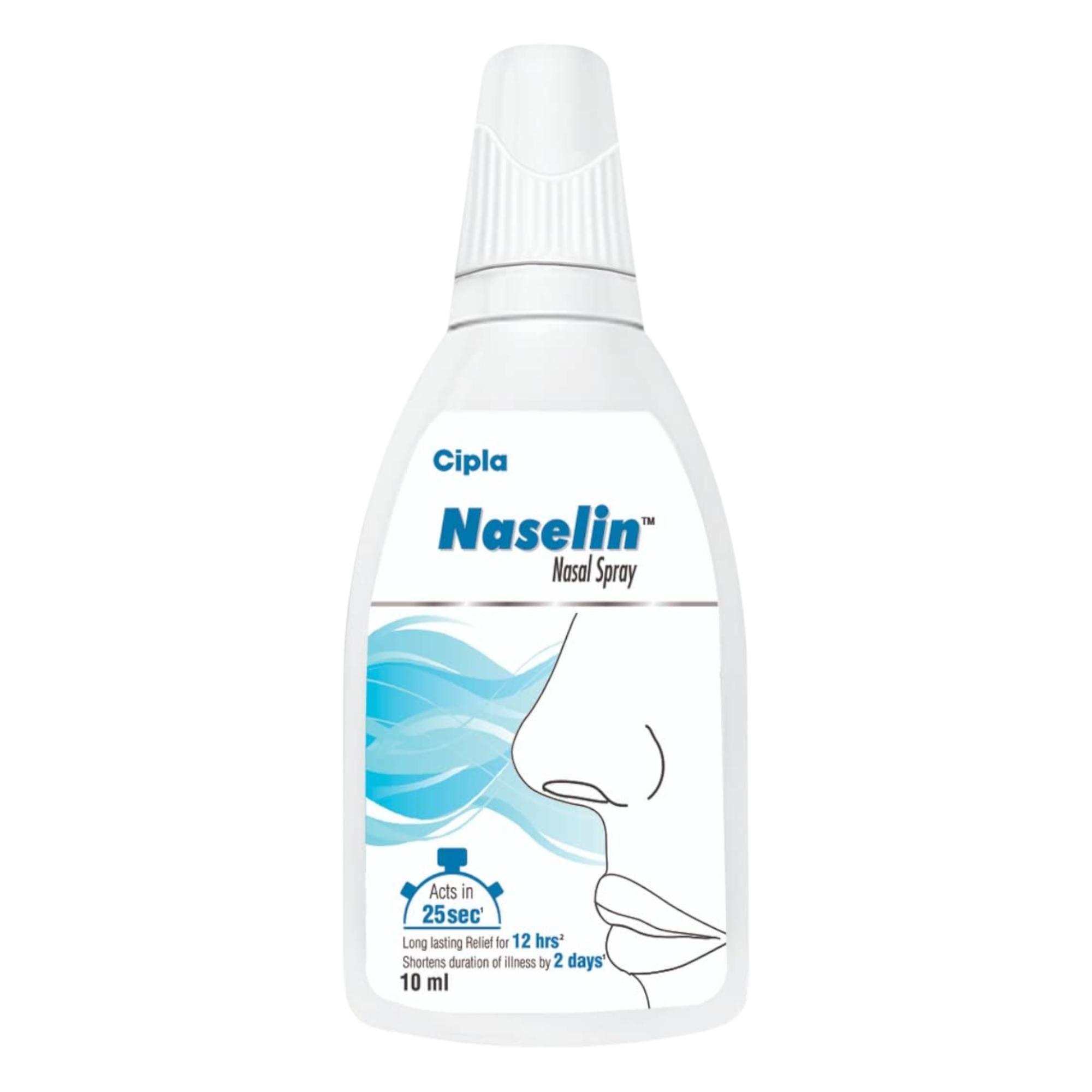 

Cipla Naselin Nasal Spray 10 ml Pack of 4 Quick Relief from Blocked Nose and Congestion for Better Sleep