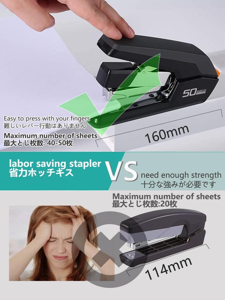80% Effort-Saving Stapler, 3-Year Manufacturer's Warranty, 50-Sheet Capacity, Light-Effective Lever, Non-Slip TPR Top, Includes 1500 Staples and Stapl