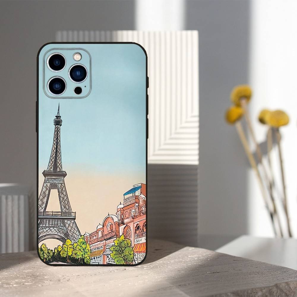 Paris landscape Eiffel Tower For iPhone 12,16,11,14,15,17,13,X,Mini,SE,XS,Plus,Pro Max,8,7,XR,Soft Silicone Black Case