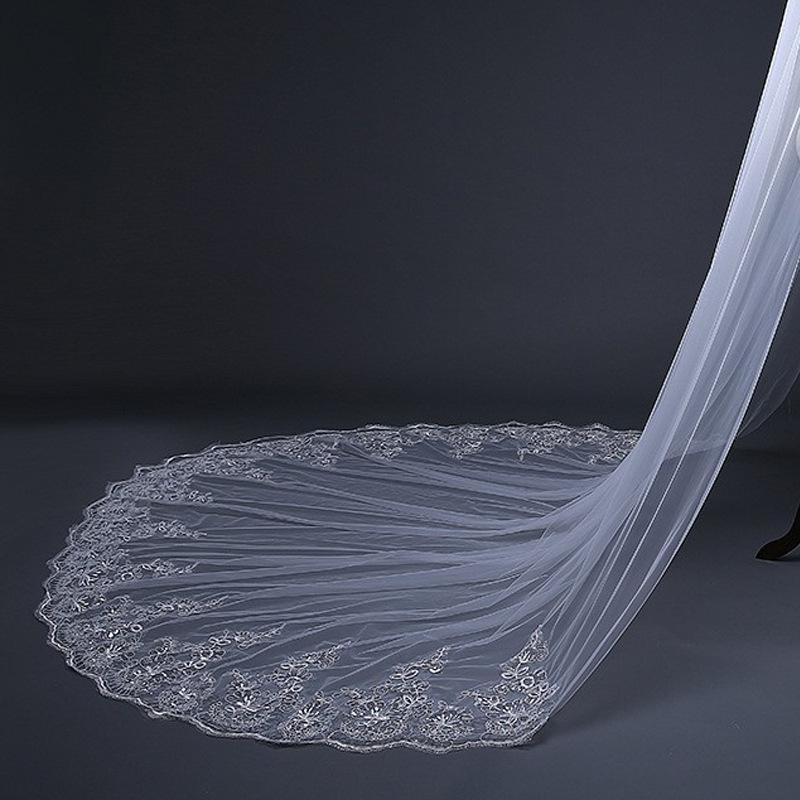 European Style Sequin Lace Long Train Bridal Veil with Blusher