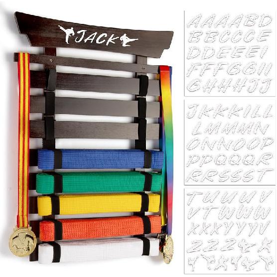 Bamboo/Wood Karate Belt Display Rack, 8 Belt Taekwondo Belt Display with Stickers, Martial Arts Belt Display Holder, Jiu Jitsu BJJ Belt Display
