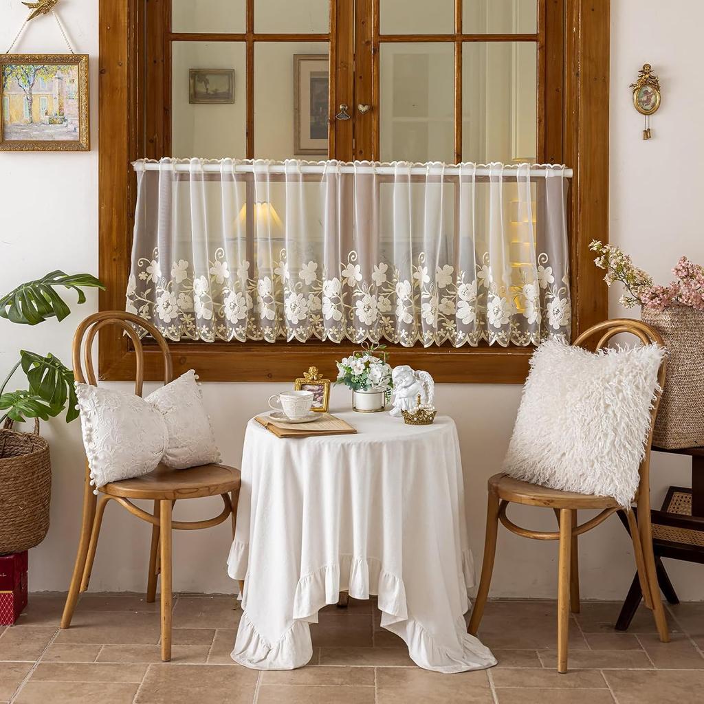 VOGOL Beige Sheer Lace Valance, Floral Embroidered Short Curtain for Kitchen Window, Grommet Rustic Farmhouse Window Topper for Bathroom & Living