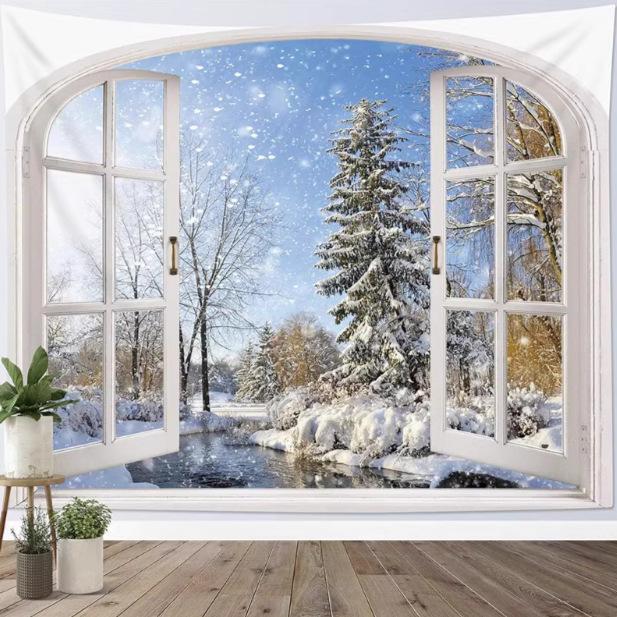 

Блакитне небо та Сніговий кедровий ліс Настінний гобелен Різдвяний настінний декор Дерево Настінний декор Чудова різдвяна ялинка Камін Подарунки 200x150cm