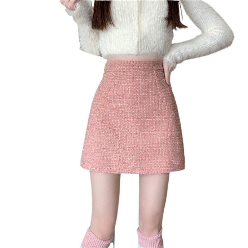 Elegant Autumn & Winter Tweed Petite High-Waisted A-Line Skirt - Lurex Fragrance Style, Hip-Hugging & Anti-Exposure Design