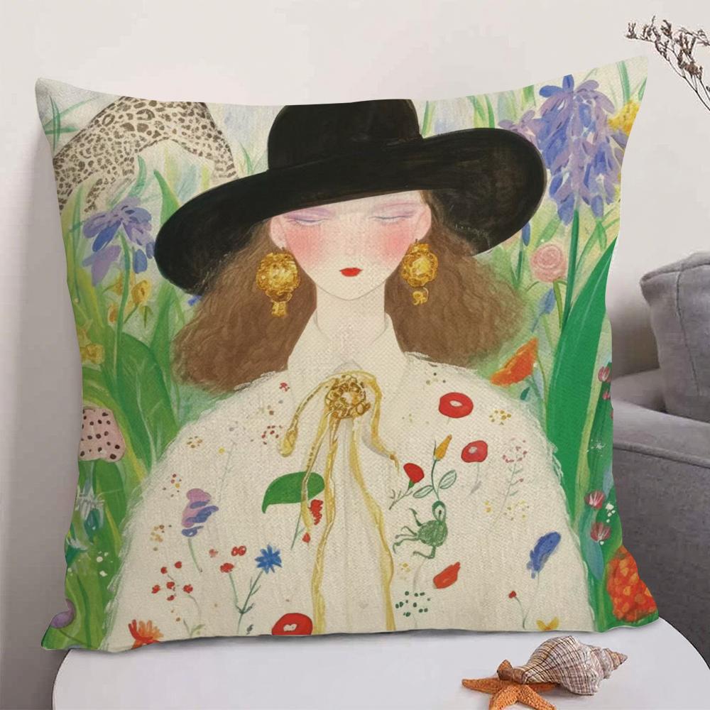 1PC Fashion Illustration Cushion Cover Natural Linen Organic Fabric DoubleSided Printing Sofa Home Decor Gift Pillow Case