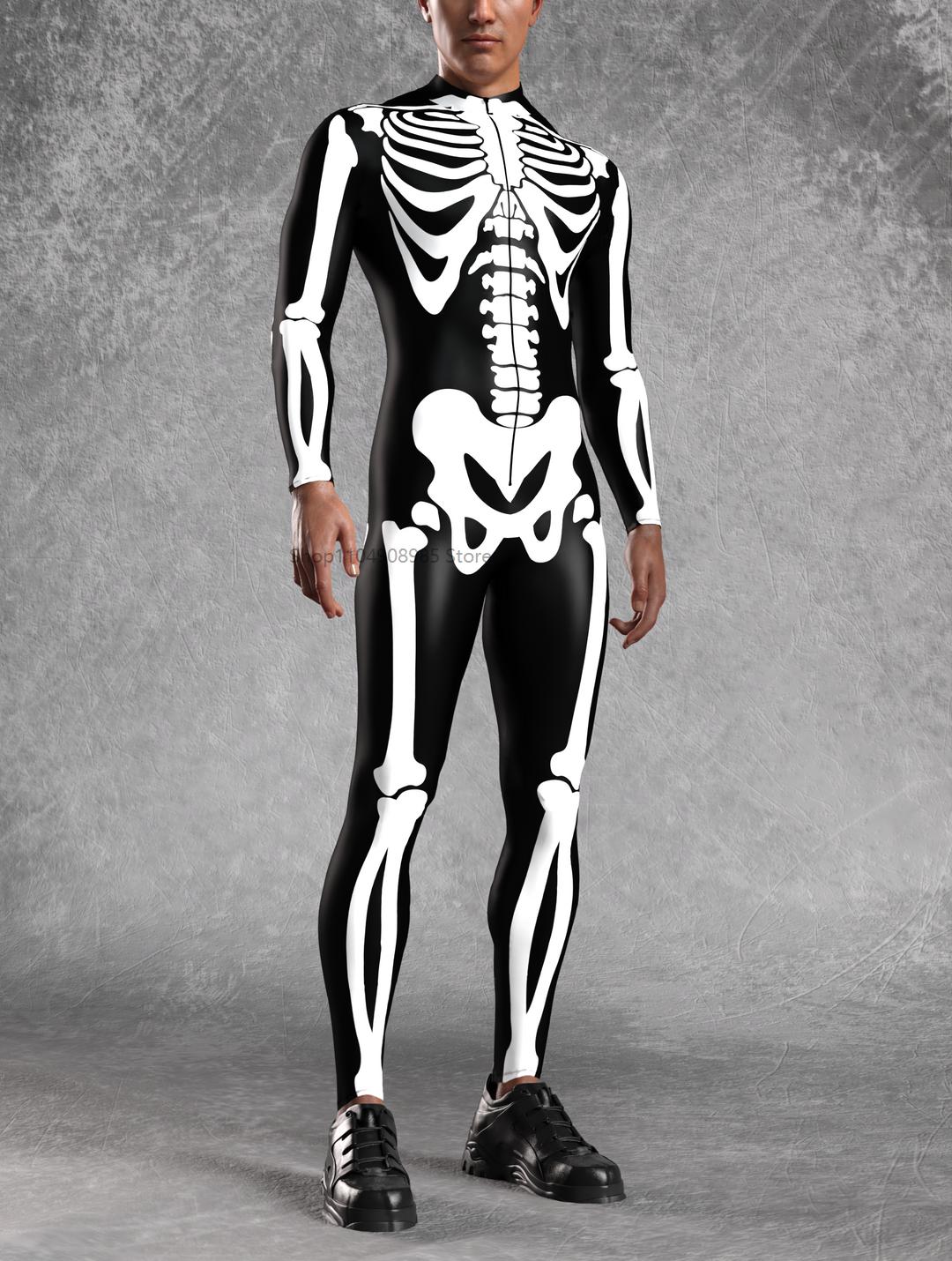 BnW Baasachtig Skelet Kostuum Halloween Feest Jumpsuit Dames Sexy Schedel Print Bodysuit Feest Masquerade Catsuit M white