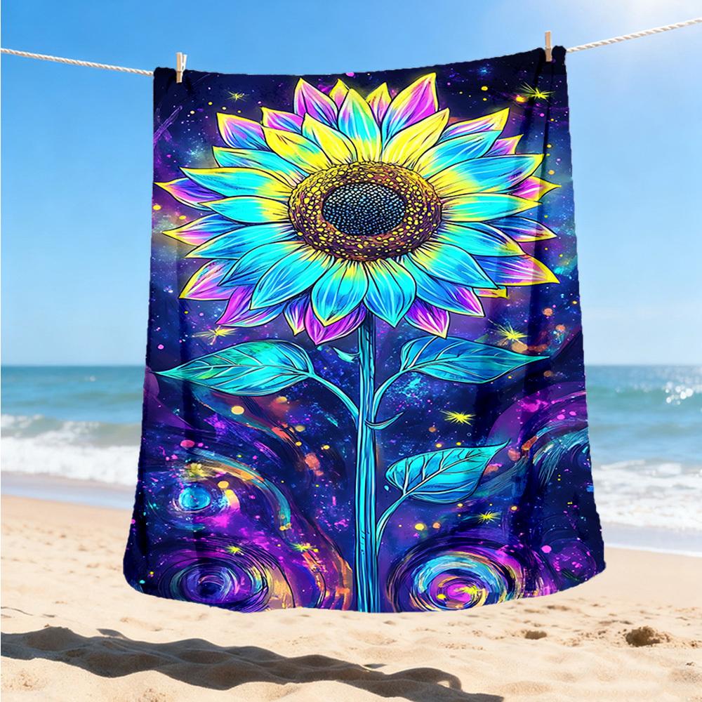 1pc Neon Sunflower Print Throw Blanket Polyester Fiber, Lightweight Flannel, Soft & Warm, All Season Use for Outdoor, Camping Digital Print