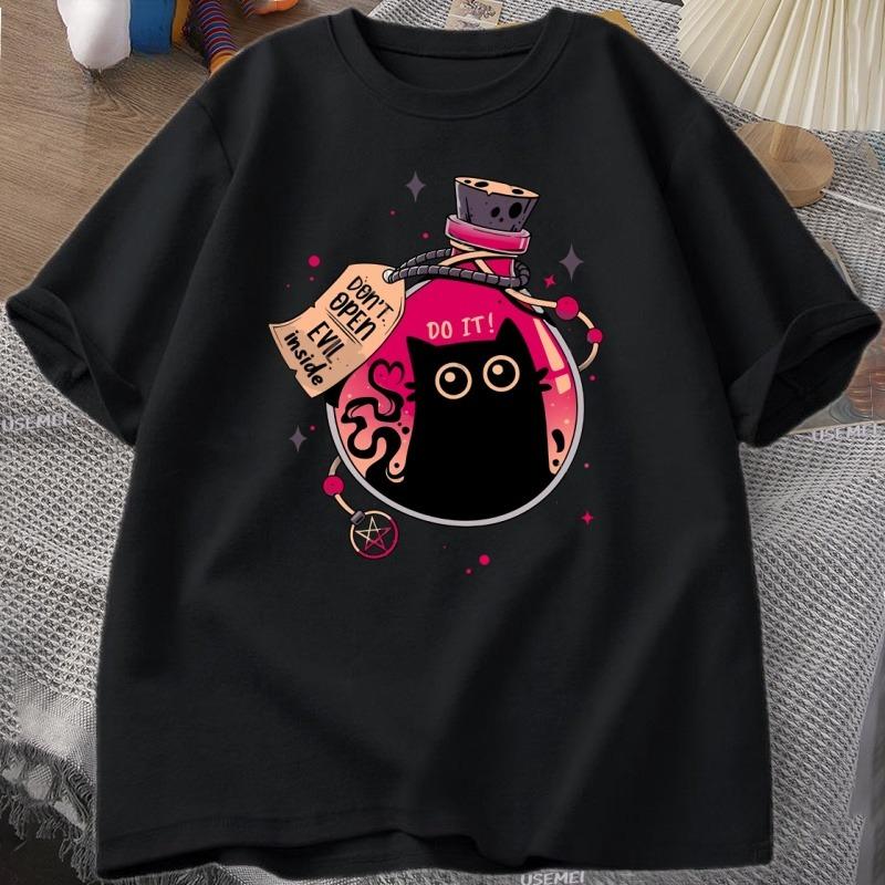 Bottled Evil Black Cat Tshirt Trendy Cotton Summer Tshirt Loose ShortSleeved Cat Design Clothes Unisex WOMEN Streetwear Clothes