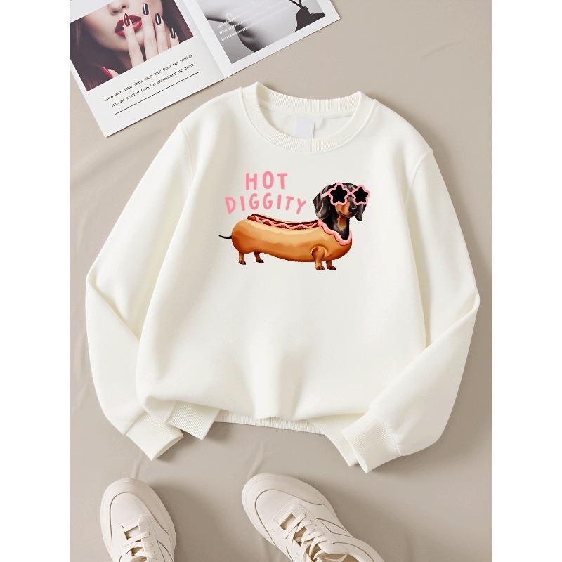 Felpa morbida da ragazza con girocollo, Stampa Fashion Hot Diggity Dachshund con Stampa carina e creativa, Casual e versatile per Autunno Inverno