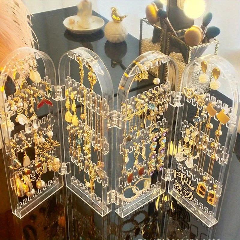 Suport de prezentare pentru cercei și colier dreptunghiular acrilic cu 2 uși, depozitare transparentă pentru bijuterii
