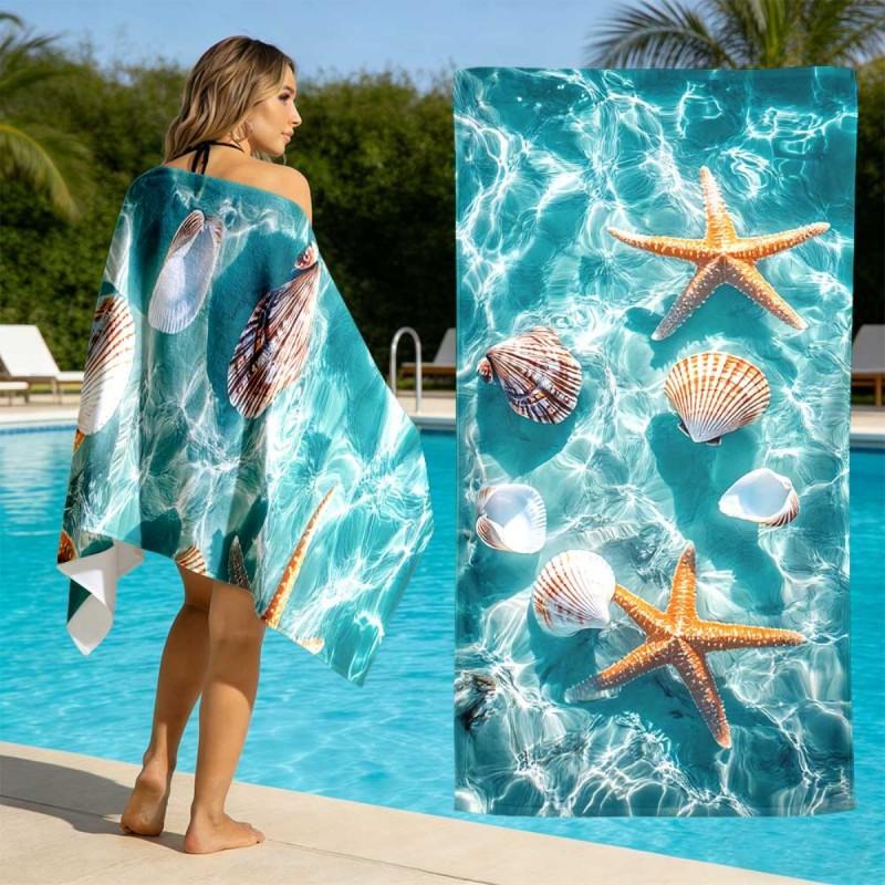 Soft Pastel Marine Style Light Pink Watercolor Shell Starfish Conch Repeat Print Quick Dry Vacation Beach Towel