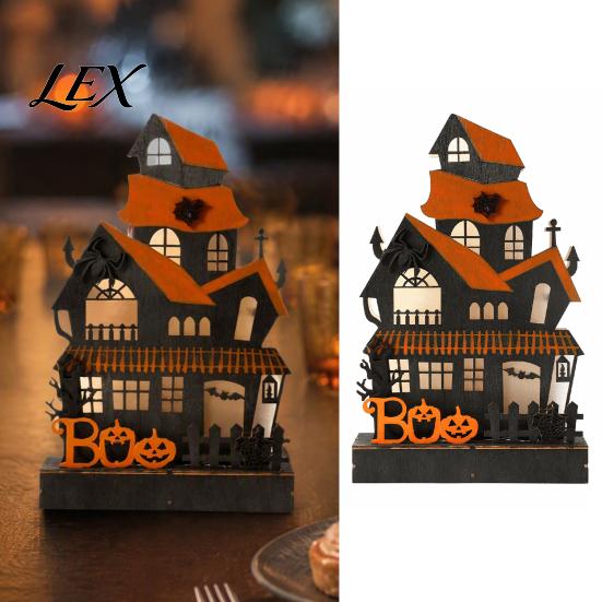 Halloween Wooden Haunted House Decorations Glowing Figurine with LED Light, Tabletop Centerpiece Festive Atmosphere Table Decor for Home Party