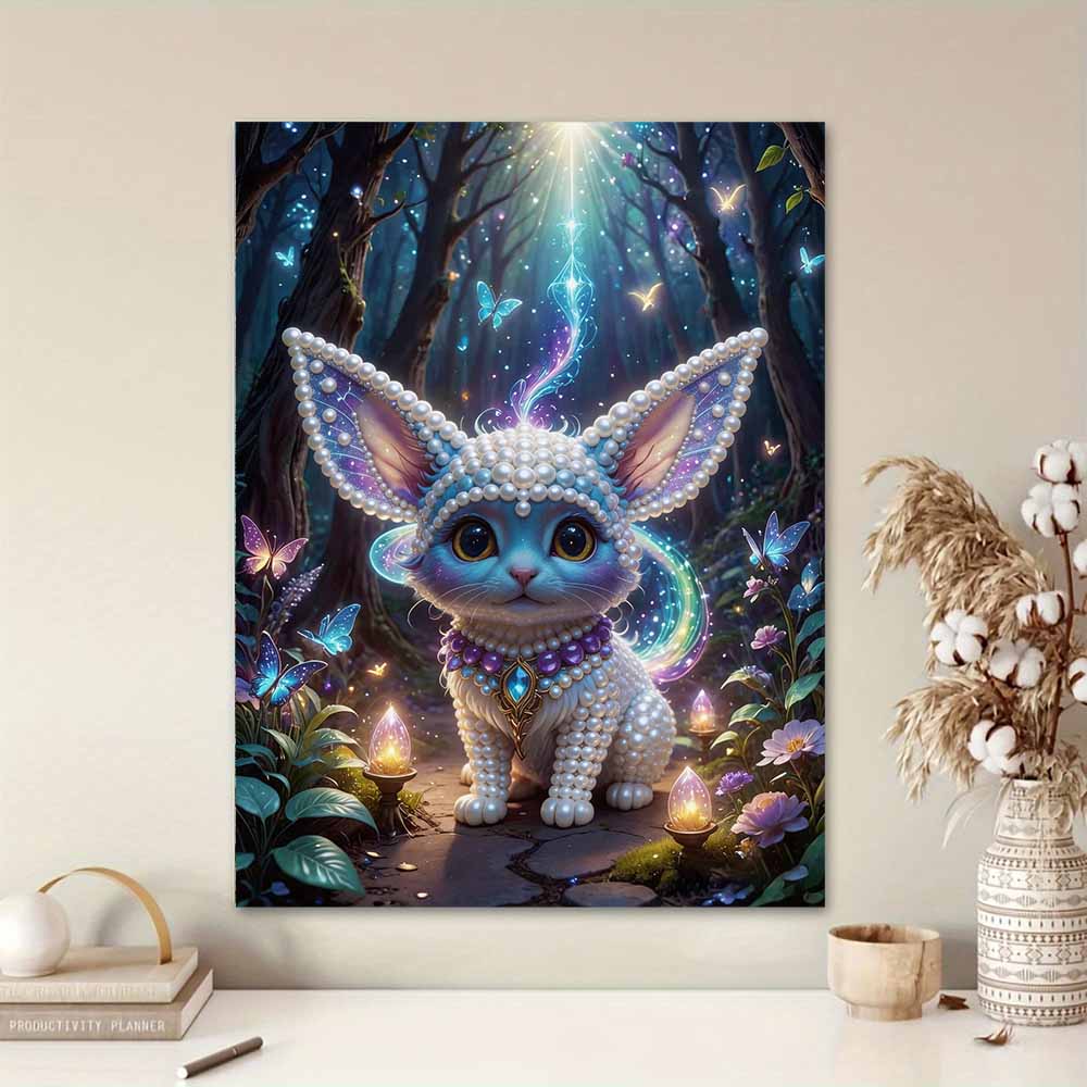 5D White Cat Pearl Wall Art Kit 30x40cm Frameless DIY Pearl Diamond Painting Floral Gem Art for Living Room/Bedroom Home Wall Decor