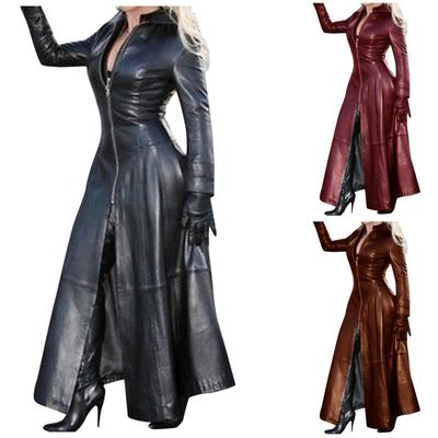 Abito in pelle PU con cerniera e manica lunga con scollo a polo tinta unita da donna