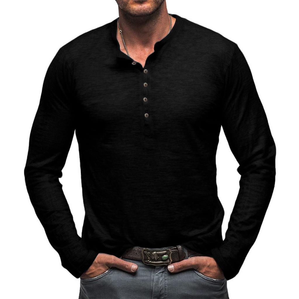 Men's Solid Color Long Sleeve T-Shirt Shirt Men's Casual Sports Top - Seven Buttons