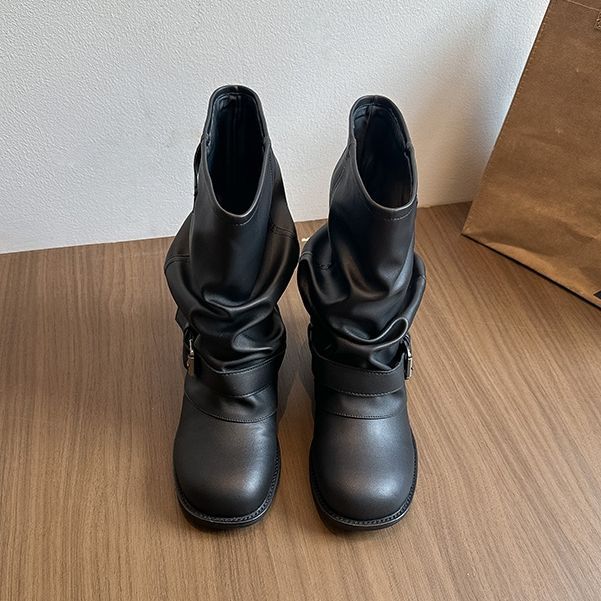 2025 autumn and winter new wasteland wind thick-soled knight boots heightened and wide large tube circumference stacking boots western short boots wom