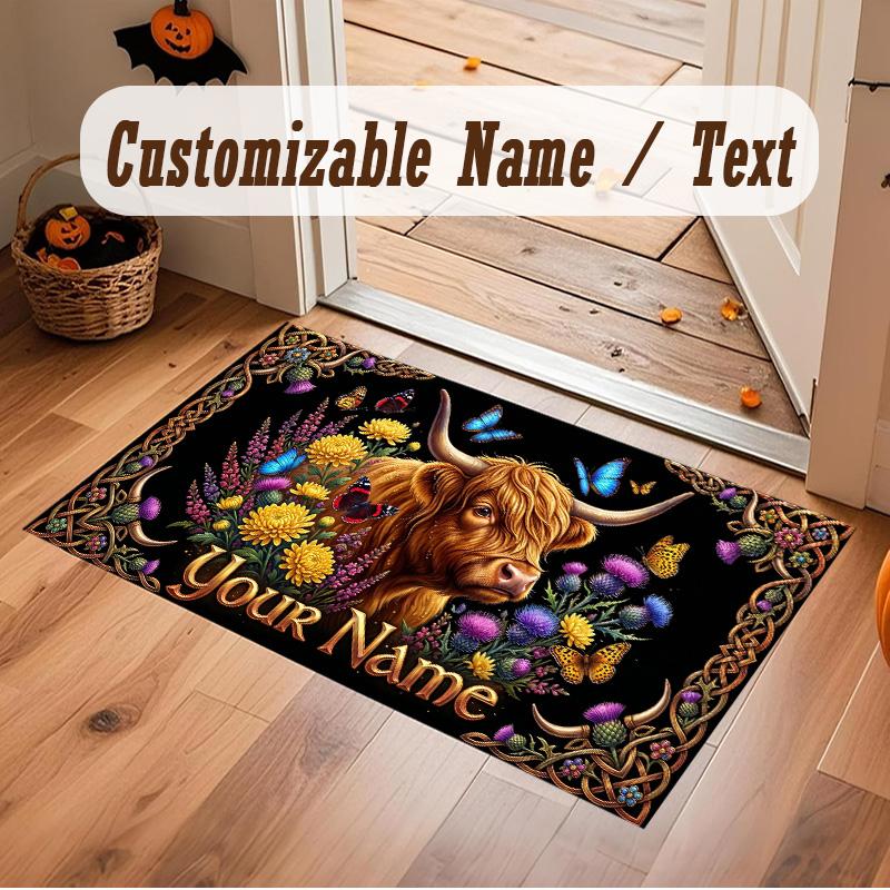 Highland Cow Theme Soft Crystal Velvet Rug Custom Name & Text Print Non Slip Floor Rug for Bedroom Living Room