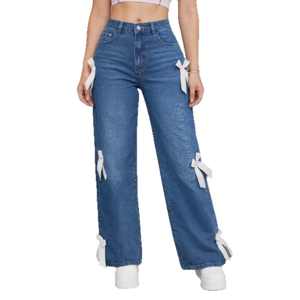 European and American women's clothing high street wide-leg pants bow jeans women's high-waisted and thin floor-mopping trousers