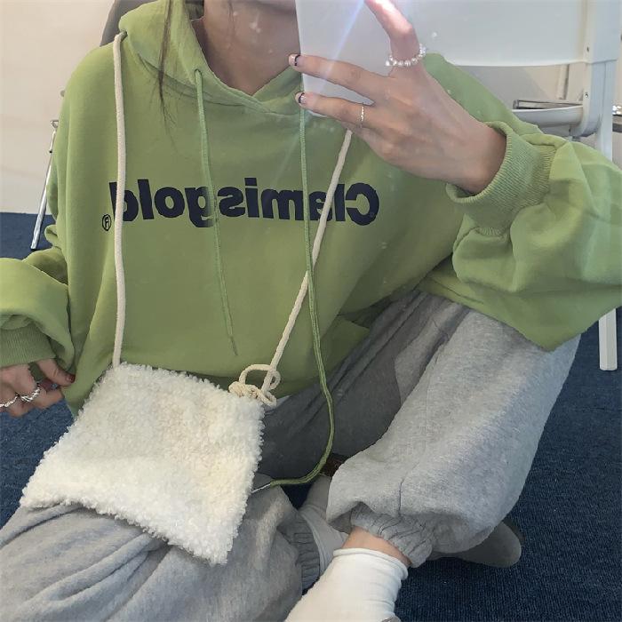 Padded Hooded Sweatshirt Women Autumn and Winter Loose Letter Printed Student Long Sleeve Tops Fashion Retro Versatile Sweatshirt