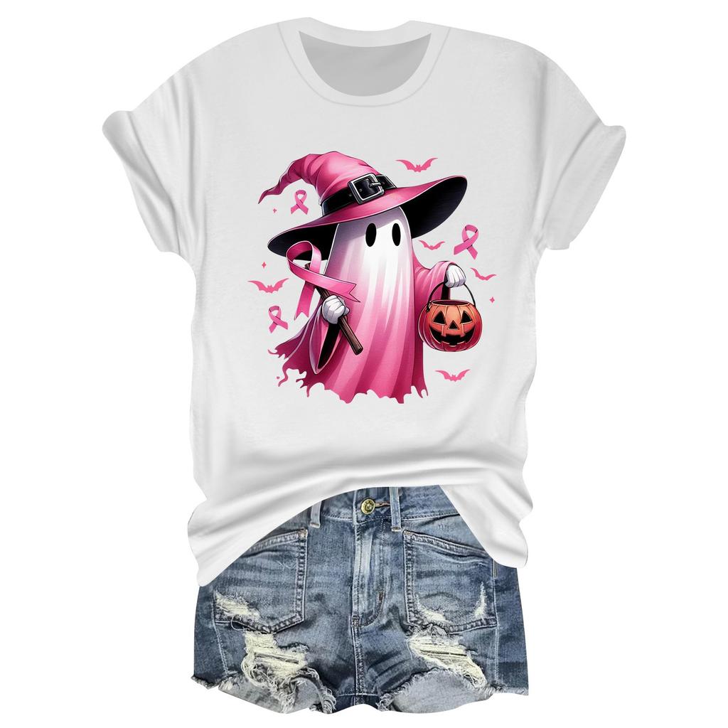 Women's Casual Halloween Breast Print T-Shirt Round Neck Pullover Short Sleeve Top
