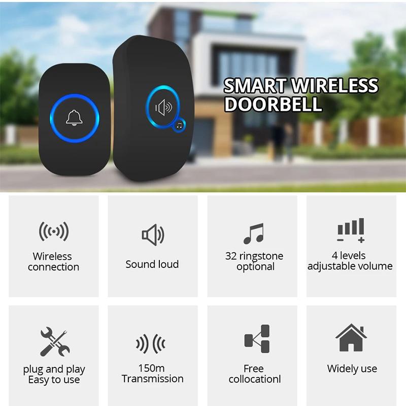 Wireless Waterproof Doorbell Doorbell Waterproof Wireless Chime Home Doorbell Intelligent 32 Songs Smart Doorbell Alarm With Battery