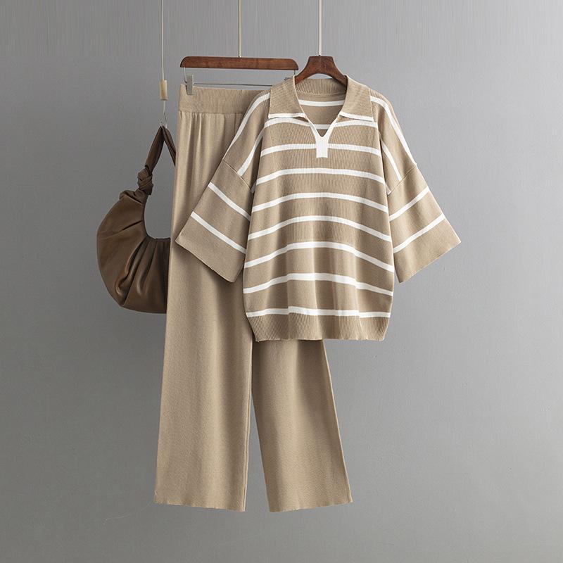 Contrasting stripes fashion suit summer new casual loose knitted wide-leg pants two-piece set