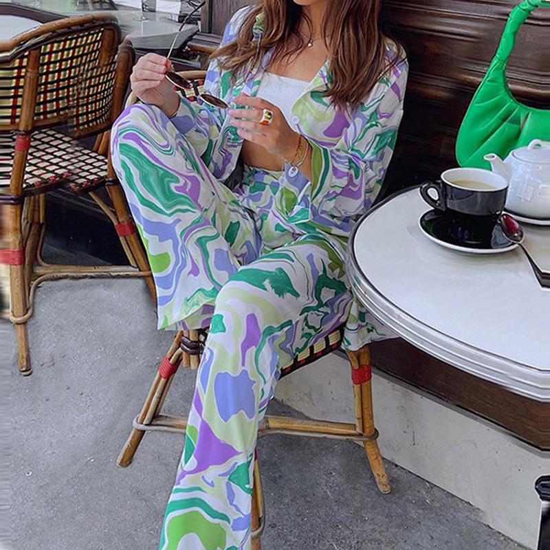 2026 Spring European & American Floral Print Long Sleeve Shirt and Loose Pants Fashion Set
