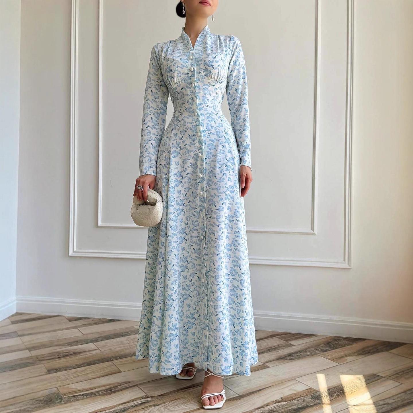 

2025 Autumn European Women s High-waisted Floral Print French Long Dress Small