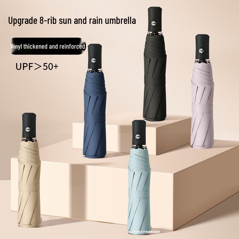 Fully Automatic Black Folding Umbrella - Three-Fold Design with Eight Ribs, Black Glue Coating for Sun and Rain Protection, Portable for Commuting.