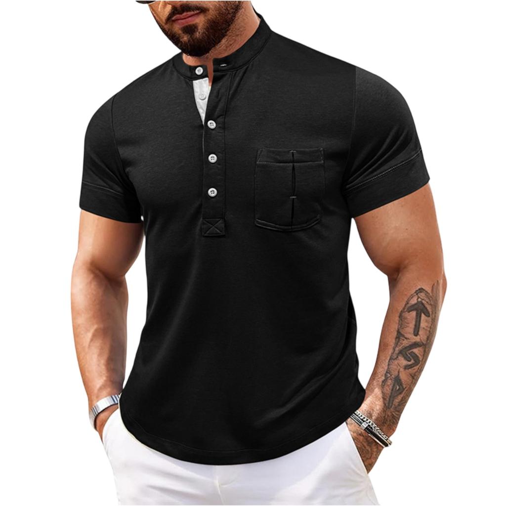 Men's Casual Solid Color Outdoor Sports Shirt Henley Short Sleeve Pocket T-Shirt Cotton Blend Round Neck Lightweight Comfortable