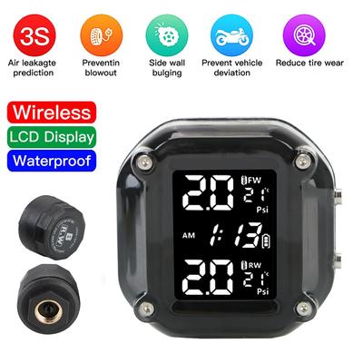 Motorcycle TPMS Sensor LCD Display Motor Tire Pressure Temperature Monitoring Alarm System With 2 External Sensors USB Charging