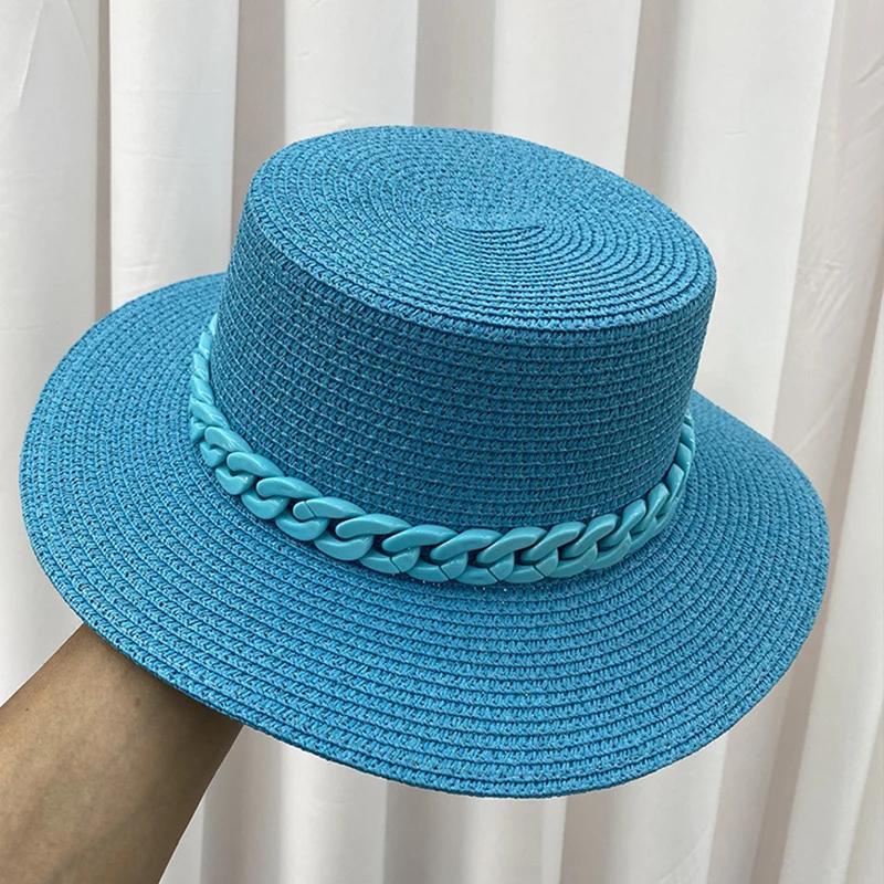 Nieuwe Kleur Ketting Platte Top Unisex Jazz Strooien Hoed Buiten Vrouwen Zeevakantie Zon Strand Hoeden Mode Zomer Panama Emmer Hoed