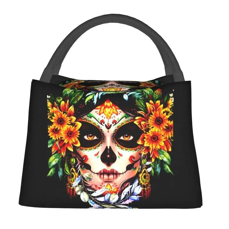 Day Of The Dead Kitten Cat Sugar Skull Thermal Insulated Lunch Bags Women Mexican Halloween Floral Lunch Container for Food Box