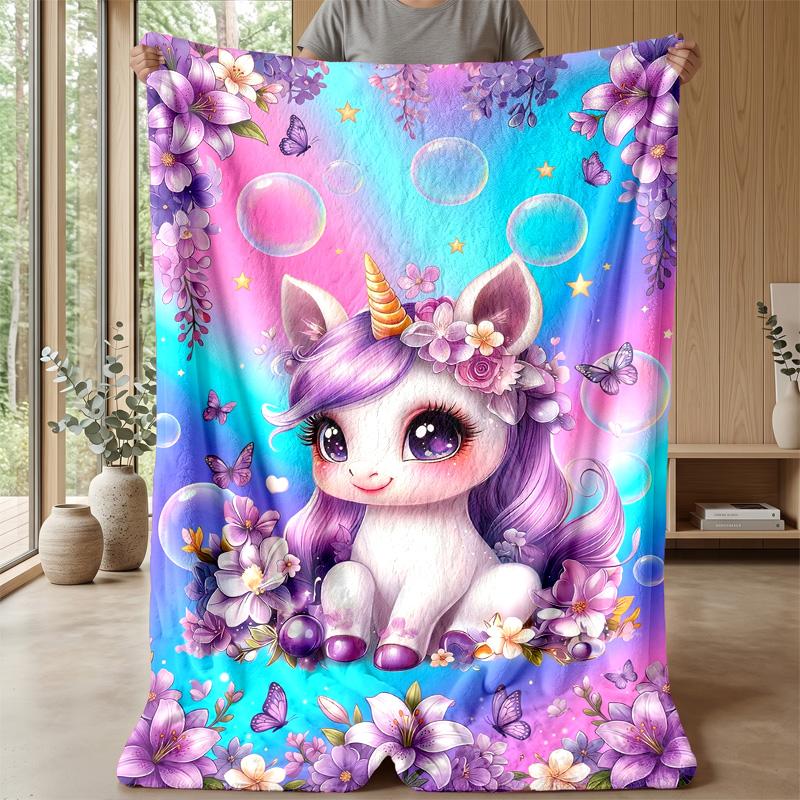 Fantasy Unicorn with Flowers Theme Blanket Lightweight Warm Flannel Blanket Decorative Throw Blanket for Home Decoration
